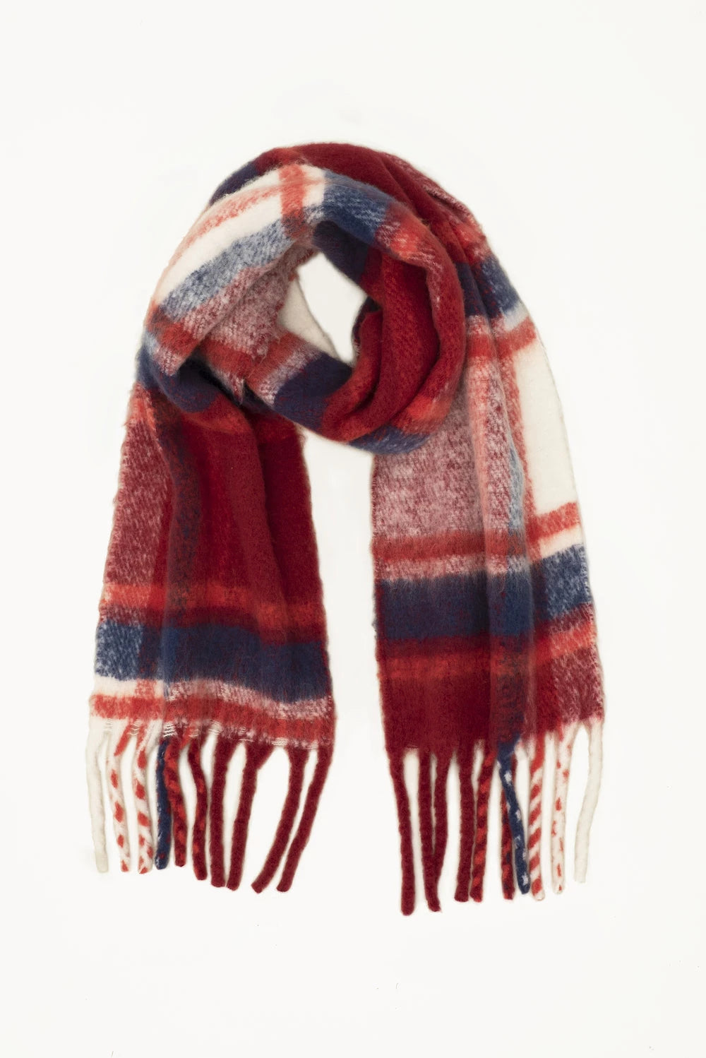 flat lay image of red, white and blue plaid scarf with tassels