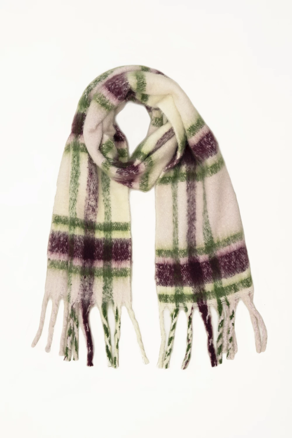 cut out image of oversized green, purple and ivory plaid scarf